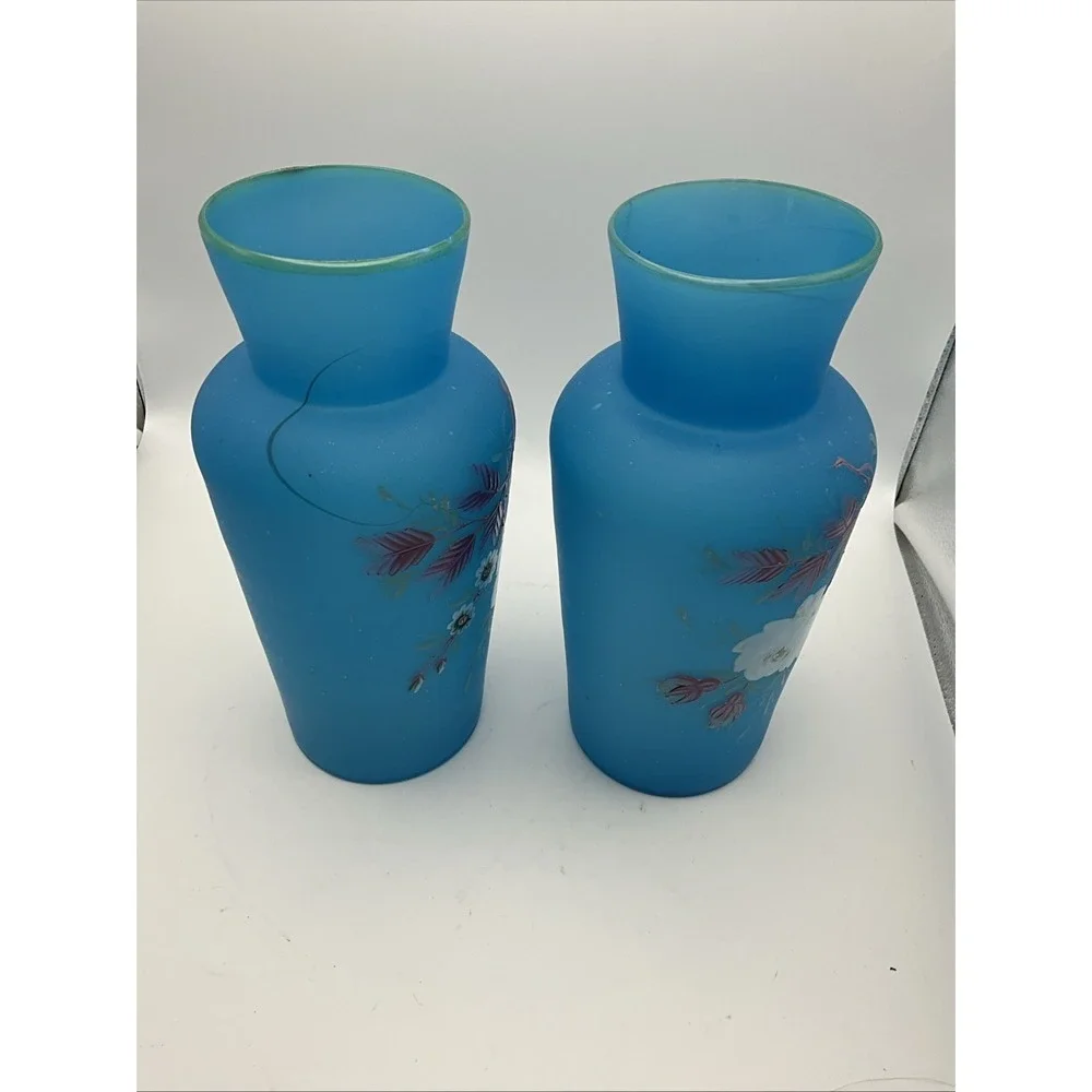 Pair Vintage Blue Satin Glass Floral Vases Hand Painted Frosted 6.5